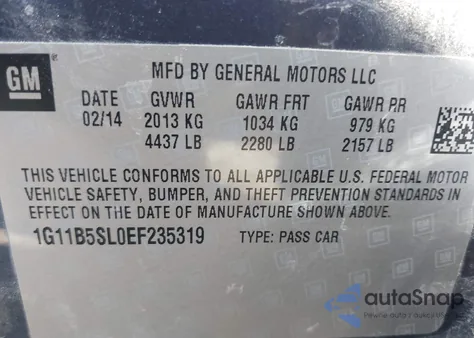 2014 Chevrolet Malibu 1Ls из США, поврежденный, VIN 1G11B5SL0EF235319